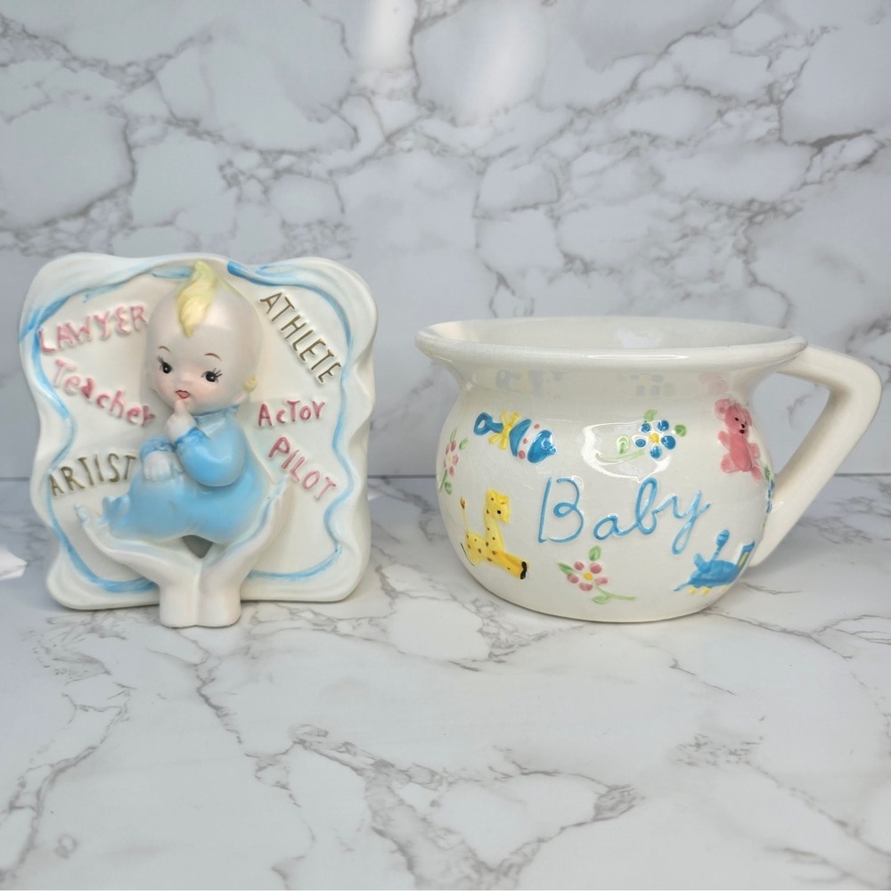 Vintage Baby Nursery MCM Decor 1963 Inarco Japan Planter and Baby Bowl Ceramic